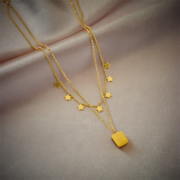 Titanium Steel Geometric Pendant Double Chain Necklace With Electroplating For Women