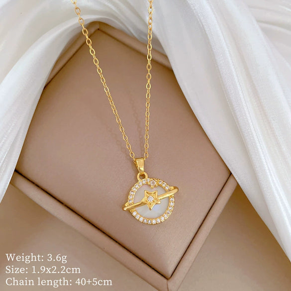 Titanium Steel Geometric Pendant Unisex Necklace With Shell Planet Zircon Design