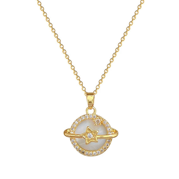 Titanium Steel Geometric Pendant Unisex Necklace With Shell Planet Zircon Design