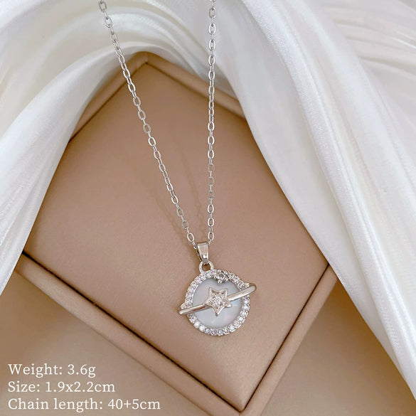 Titanium Steel Geometric Pendant Unisex Necklace With Shell Planet Zircon Design