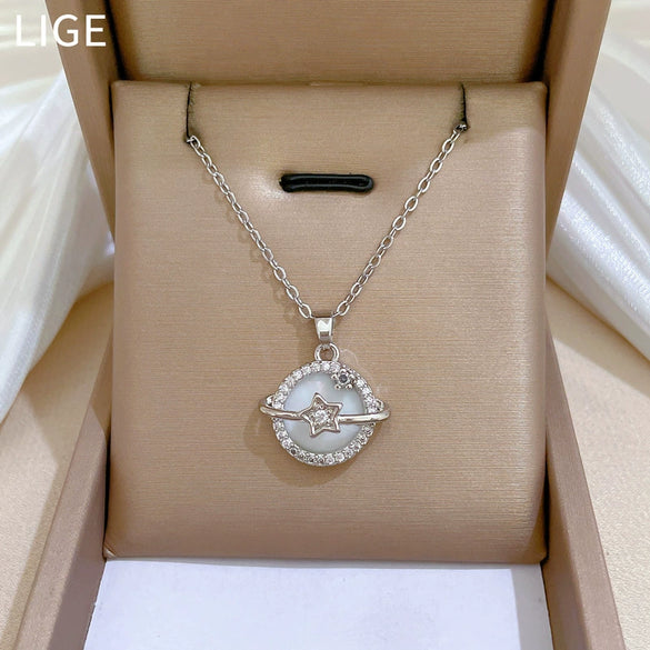 Titanium Steel Geometric Pendant Unisex Necklace With Shell Planet Zircon Design