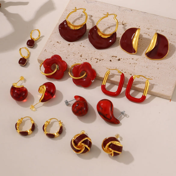 316L Stainless Steel Geometric Red Enamel Electroplated Women's Earrings