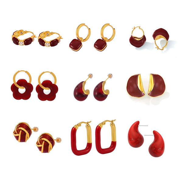 316L Stainless Steel Geometric Red Enamel Electroplated Women's Earrings