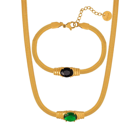 316L Stainless Steel Geometric Retro Colorful Glass Stone White Zircon Necklace Bracelet Set Electroplated For Women