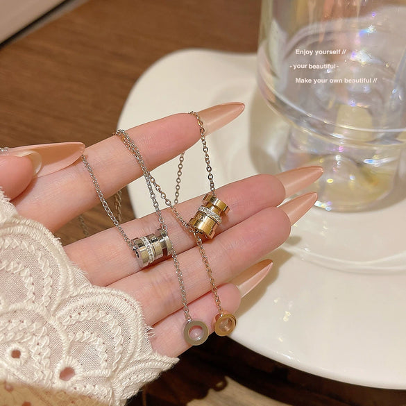 Titanium Steel Geometric Roman Tassel Electroplated Light Luxury Women's Ring Necklace Collarbone Chain With Mixed Gemstone Setting