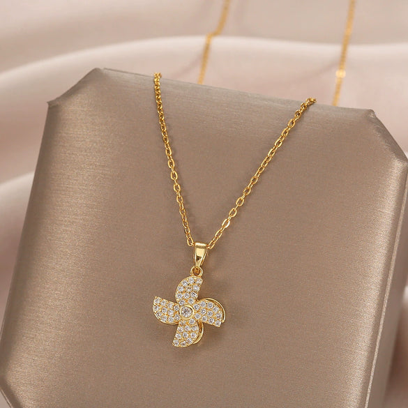 Titanium Steel Geometric Rotating Windmill Pendant Necklace For Women