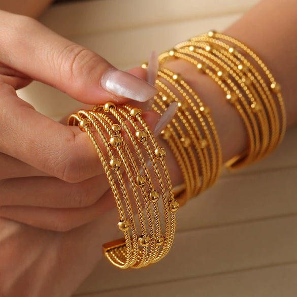 316L Stainless Steel Geometric Round Bead Multilayer Stacked Jewelry Bracelet With Stitching Design And Electroplating Treatment