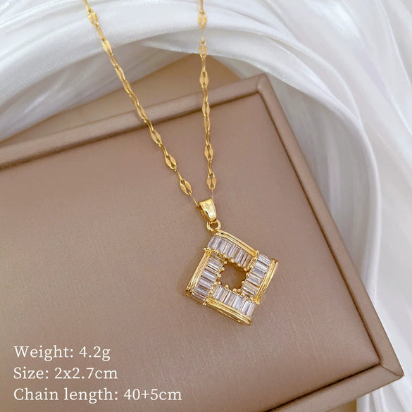 Titanium Steel Geometric Square Light Luxury Full Diamond Electroplated Women's Necklace Earrings Set