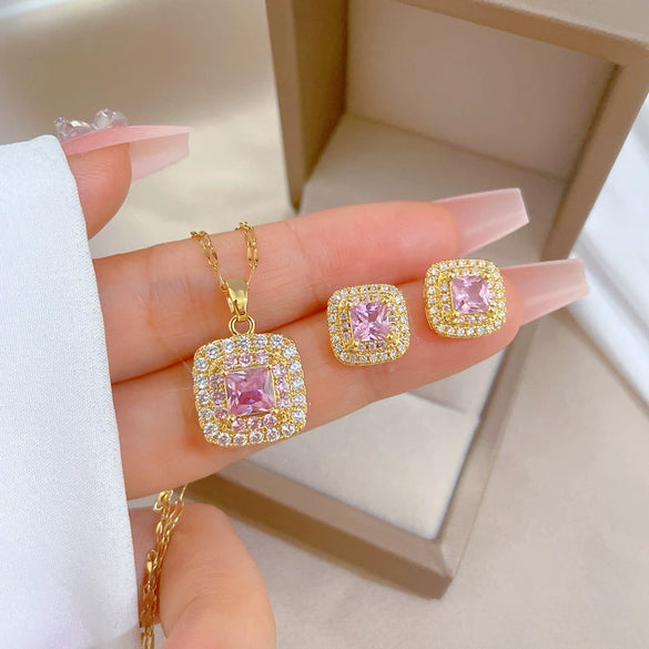 Titanium Steel Geometric Square Light Luxury Full Diamond Electroplated Women's Necklace Earrings Set