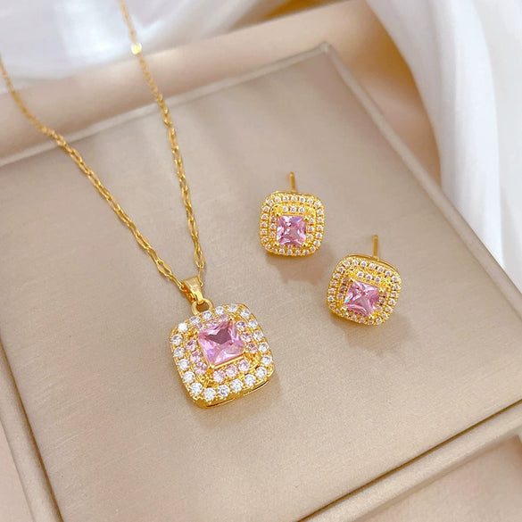 Titanium Steel Geometric Square Light Luxury Full Diamond Electroplated Women's Necklace Earrings Set