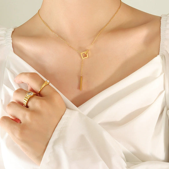 316L Stainless Steel Geometric Square Long Tassel Electroplated Clavicle Necklace For Women