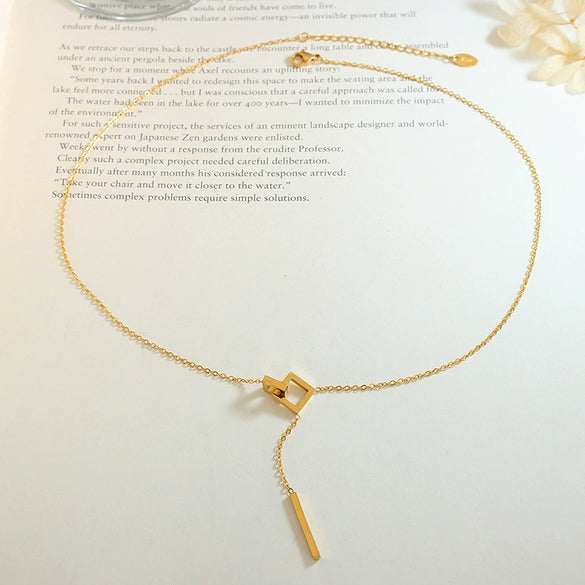 316L Stainless Steel Geometric Square Long Tassel Electroplated Clavicle Necklace For Women