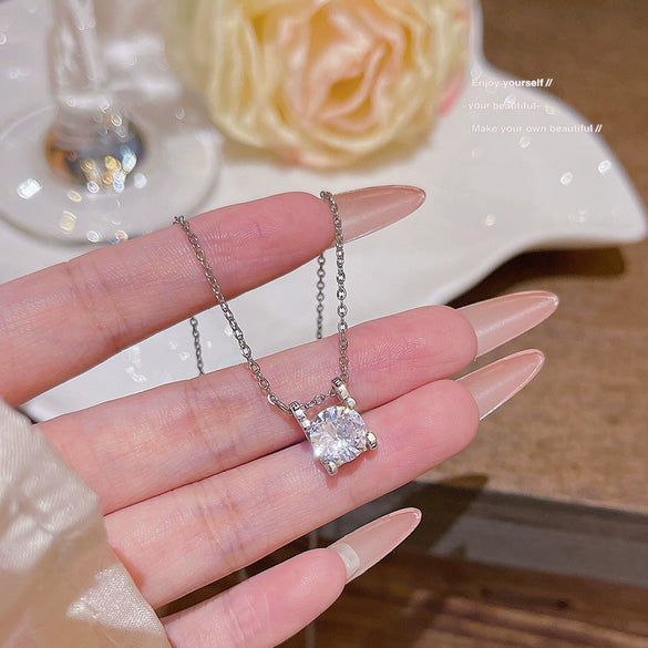 Titanium Steel Geometric Square Necklace For Women Set With Zirconia