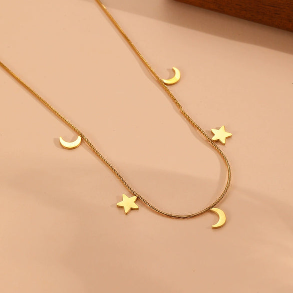 Titanium Steel Geometric Star And Moon Butterfly Pendant Necklace