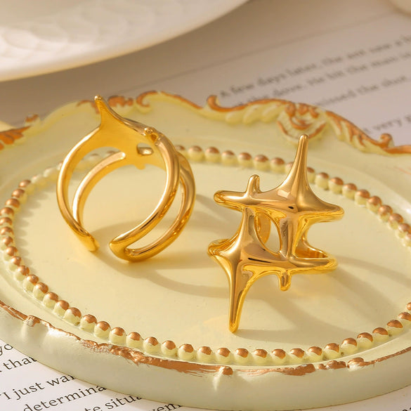 Titanium Steel Geometric Star Ring Electroplated With 18K Real Gold For Men And Women