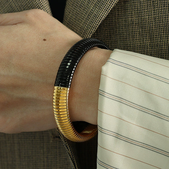 316L Stainless Steel Geometric Style Electroplated Wide Surface Elastic Snake Bone Bracelet
