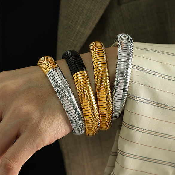 316L Stainless Steel Geometric Style Electroplated Wide Surface Elastic Snake Bone Bracelet