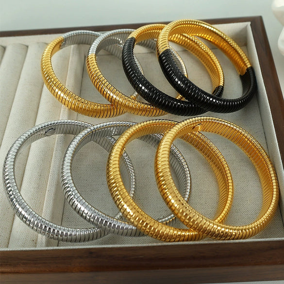 316L Stainless Steel Geometric Style Electroplated Wide Surface Elastic Snake Bone Bracelet