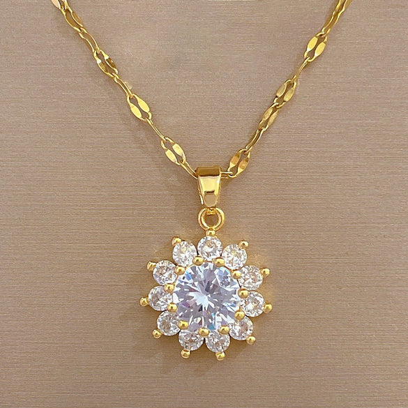 Titanium Steel Geometric Sun Flower Microinlaid Electroplated Women's Necklace Earrings Set