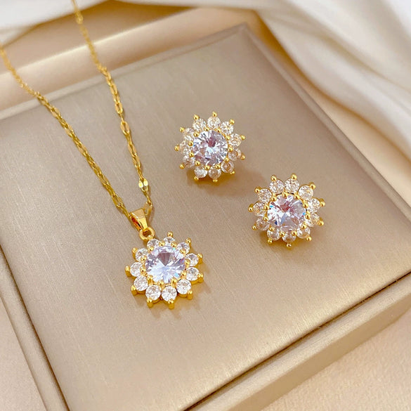Titanium Steel Geometric Sun Flower Microinlaid Electroplated Women's Necklace Earrings Set