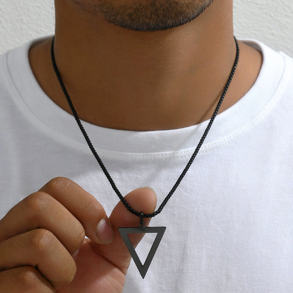 Titanium Steel Geometric Triangle Pendant Necklace With Pearl Chain Electroplated For Unisex Personality Jewelry