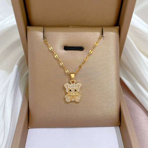 Titanium Steel Geometric Zircon Inlaid Real Gold Cute Bear Necklace For Women