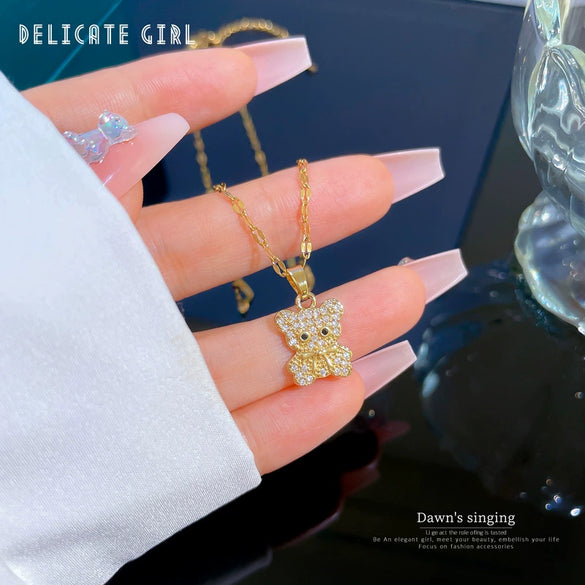 Titanium Steel Geometric Zircon Inlaid Real Gold Cute Bear Necklace For Women