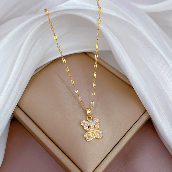 Titanium Steel Geometric Zircon Inlaid Real Gold Cute Bear Necklace For Women