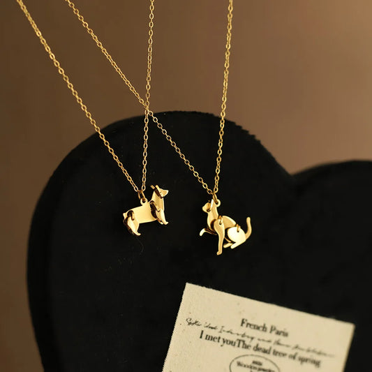 Titanium Steel Gold Plated Cute Dog Asymmetrical Pendant Necklace