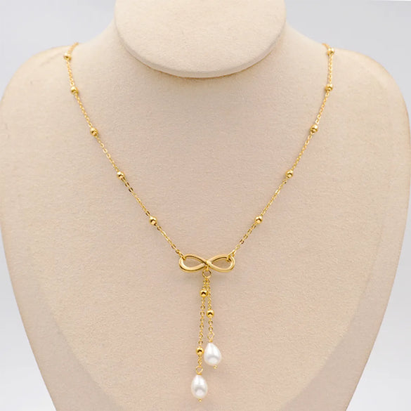 304 Stainless Steel Freshwater Pearl Titanium Steel Gold Plated Cute Simple Style Bow Knot Freshwater Pearl Pendant Necklace