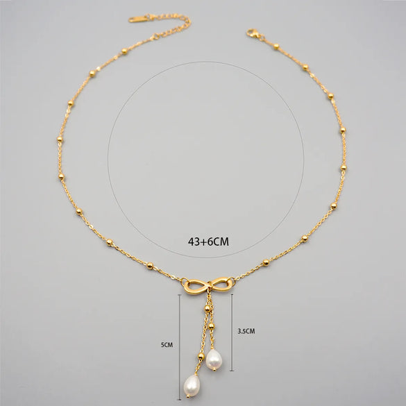 304 Stainless Steel Freshwater Pearl Titanium Steel Gold Plated Cute Simple Style Bow Knot Freshwater Pearl Pendant Necklace