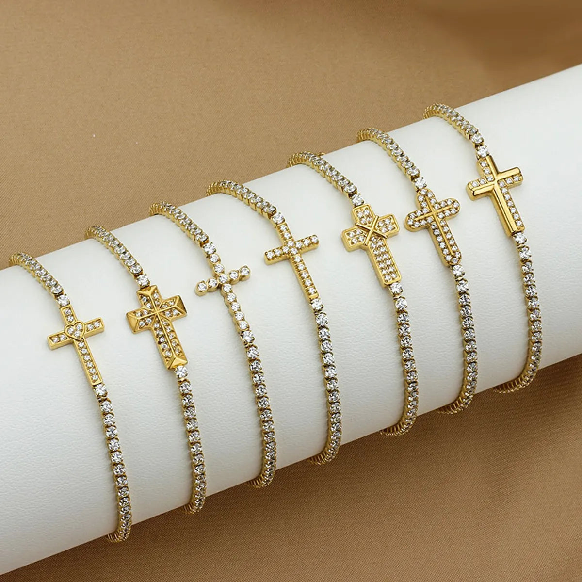 Titanium Steel Gold Plated Elegant Simple Style Plating Cross Artificial Diamond Bracelets