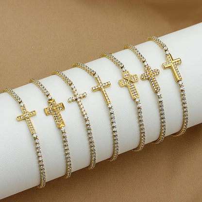 Titanium Steel Gold Plated Elegant Simple Style Plating Cross Artificial Diamond Bracelets