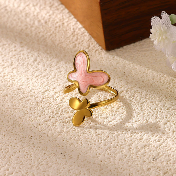 Titanium Steel Gold Plated Enamel Butterfly Open Ring In Pink And Blue Two Tone Design With Oil Drop Finish Unisex Fashion Jewelry