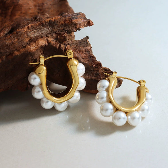 316L Stainless Steel Gold Plated Geometric Earrings Inlaid With Faux Beads For Women