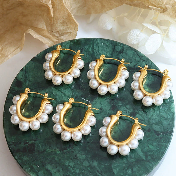316L Stainless Steel Gold Plated Geometric Earrings Inlaid With Faux Beads For Women