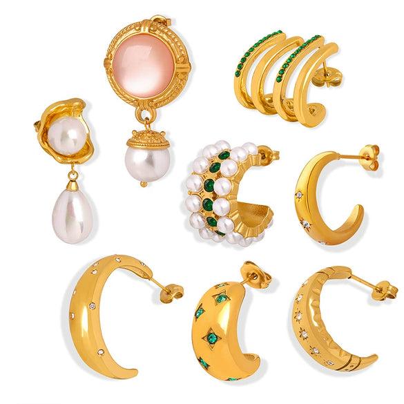 316L Stainless Steel Gold Plated Geometric Inlaid Zircon Earrings