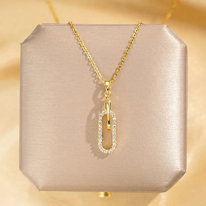 Titanium Steel Gold Plated IG Style Elegant Simple Style Paper Clip Oval Inlay Zircon Pendant Necklace