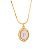 Titanium Steel Gold Plated Letter Oval Pendant Necklace With Dripping Oil Design