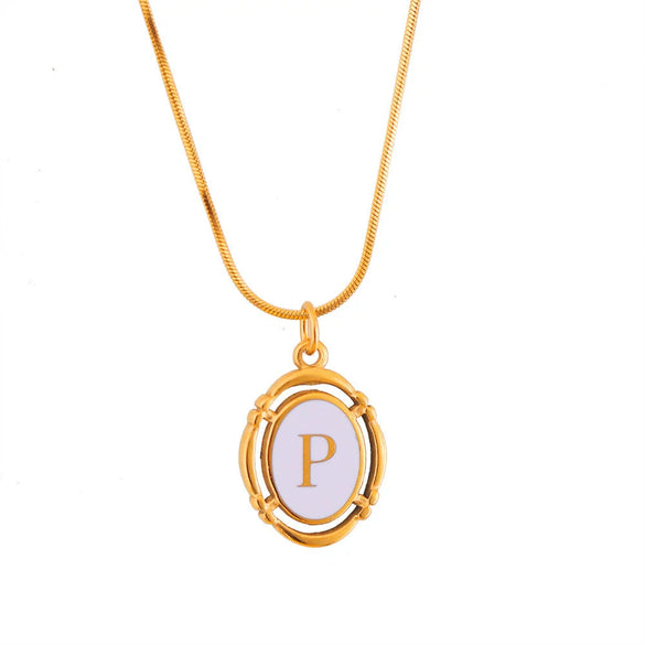 Titanium Steel Gold Plated Letter Oval Pendant Necklace With Dripping Oil Design