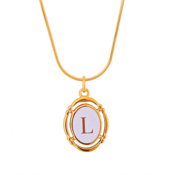 Titanium Steel Gold Plated Letter Oval Pendant Necklace With Dripping Oil Design