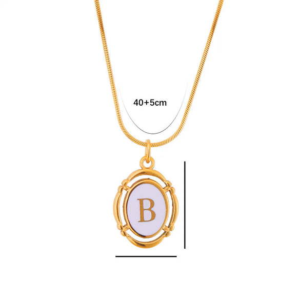 Titanium Steel Gold Plated Letter Oval Pendant Necklace With Dripping Oil Design