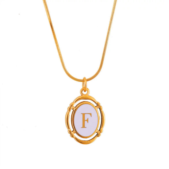 Titanium Steel Gold Plated Letter Oval Pendant Necklace With Dripping Oil Design