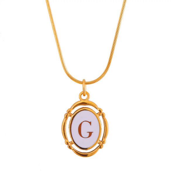 Titanium Steel Gold Plated Letter Oval Pendant Necklace With Dripping Oil Design