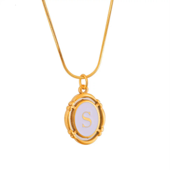 Titanium Steel Gold Plated Letter Oval Pendant Necklace With Dripping Oil Design