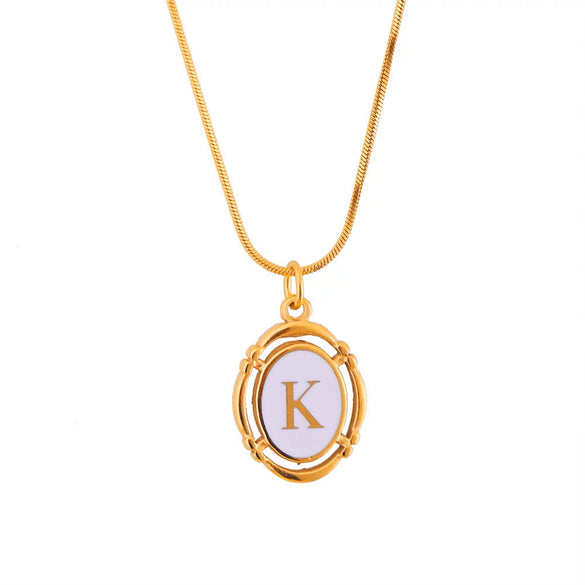 Titanium Steel Gold Plated Letter Oval Pendant Necklace With Dripping Oil Design