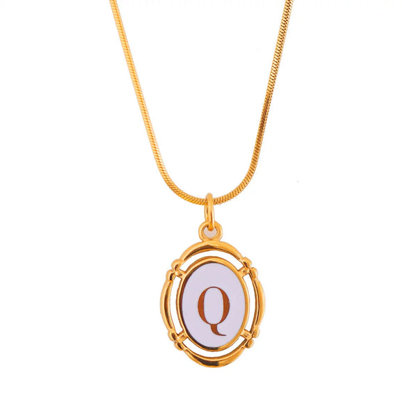 Titanium Steel Gold Plated Letter Oval Pendant Necklace With Dripping Oil Design