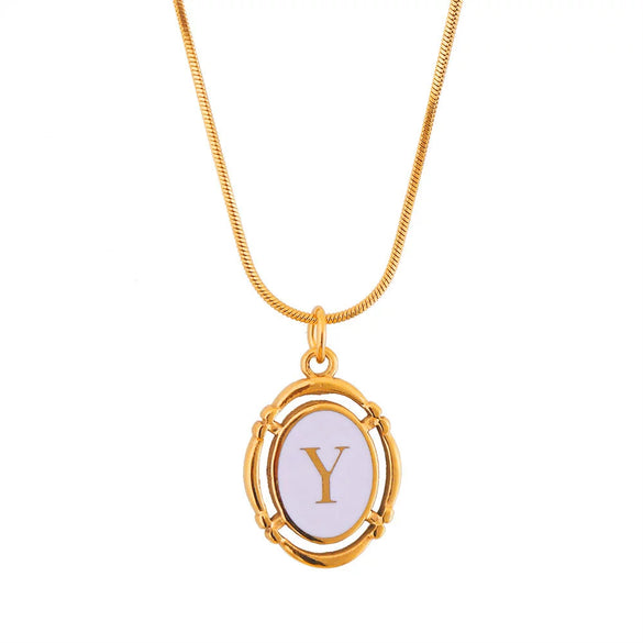 Titanium Steel Gold Plated Letter Oval Pendant Necklace With Dripping Oil Design