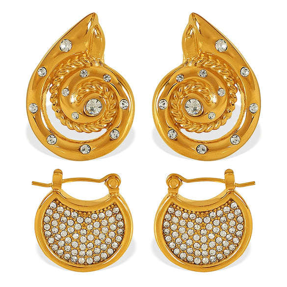 316L Stainless Steel Gold Plated Marine Series Scallop Spiral Ring And White Rhinestone Earrings For Women Simple Style