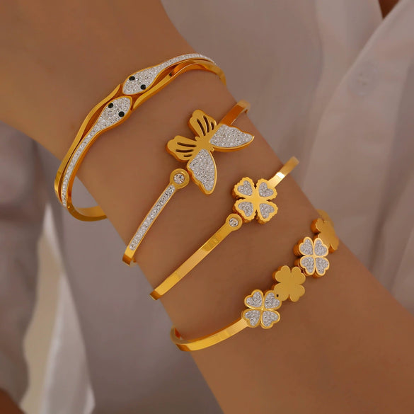 316L Stainless Steel Gold Plated Niche Geometric Fourleaf Love Diamond Butterfly Design Bracelet